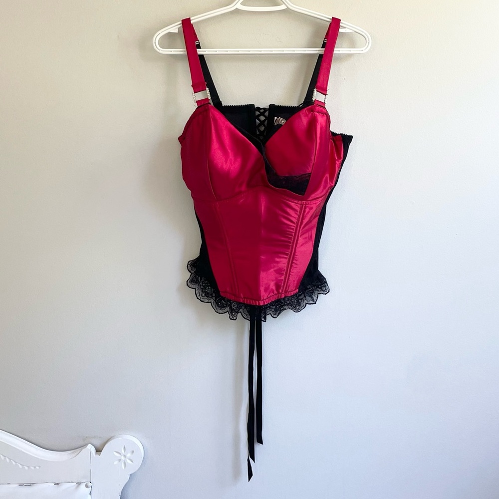 RED BLACK BUSTIER ADJUSTABLE STRAPS LACE CORSET LACES BACK SHEER MESH PADDED